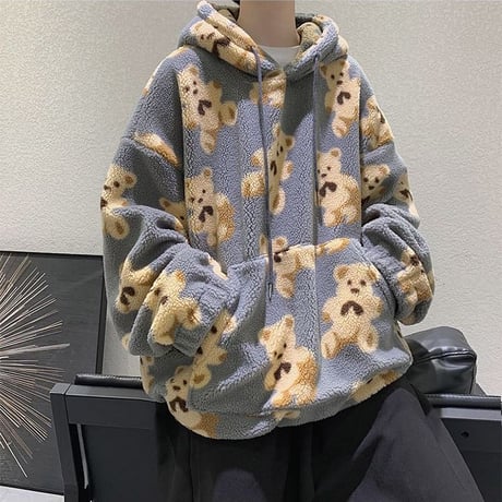 ユニセックス プルオーバー ボアフリースパーカー メンズ レディース 英字 クマちゃん ベアー プリント オーバーサイズ ルーズ ストリート系 ファッション TBN-629554274748