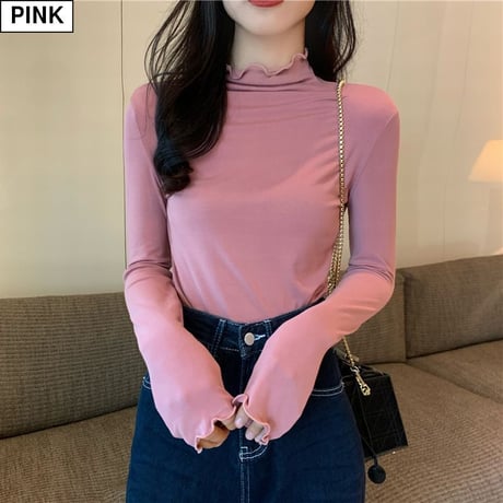 スリムフィット カットソー 長袖 ハーフネック フリルネック 韓国ファッション レディース Tシャツ 伸縮性 無地 シンプル 大人可愛い ガーリー DTC-628616580526