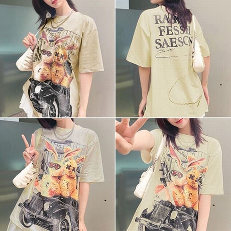 ユニセックス Tシャツ 半袖 うさぎ レトロ オーバーサイズ ゆったり 大きめ カジュアル 韓国ファッション メンズ レディース 韓国ストリートファッション DTC-669976915070