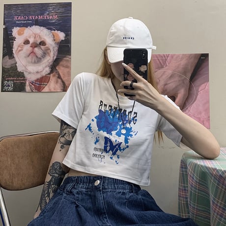 【2カラー】 Tシャツ バタフライ柄 クロップド丈 ショート丈 半袖 へそ出し レトロ 韓国ファッション レディース 大人可愛い ガーリー カジュアル ストリート系 DTC-618819881271