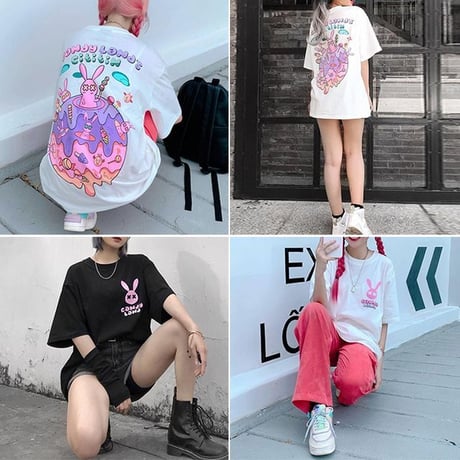 ユニセックス Tシャツ CandyLand ウサギ ラビット 半袖 オーバーサイズ カジュアル 韓国ファッション メンズ レディース 韓国ストリートファッション DTC-621904503716