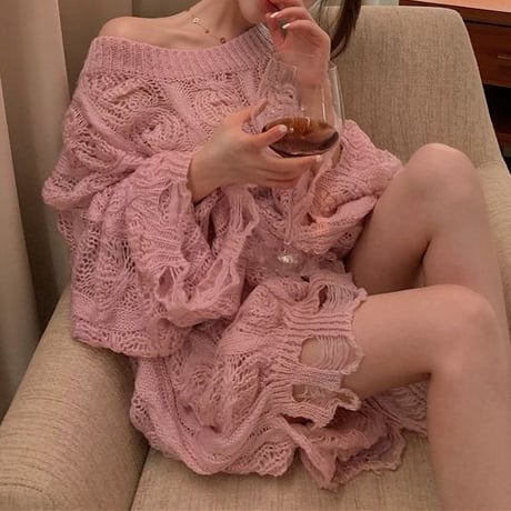 ダメージニット ニット トップス オーバーサイズ ケーブル編み ダメージ加工 プルオーバー 長袖 レトロ 韓国ファッション レディース 大人可愛い ガーリー DTC-655738179221