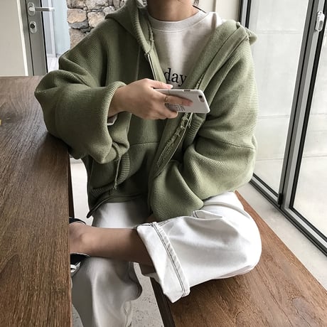 フード付 ニット カーディガン アウター レディース グリーン パーカー ボリューム袖 パフ袖 長袖 大人カジュアル 春 秋 韓国ファッション (DTC-602105464098_2)