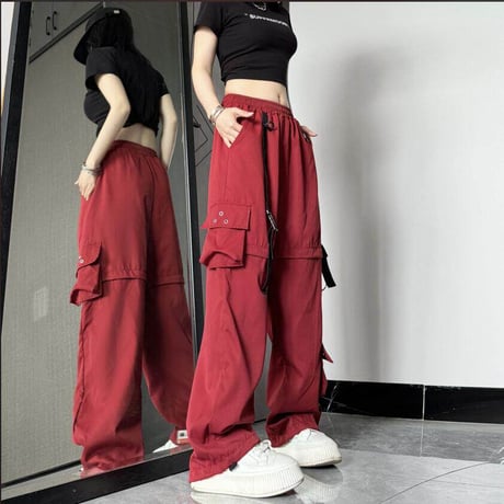 2WAY カーゴパンツ ワイドパンツ バックルベルト ストラップ ミリタリーパンツ アシンメトリー ウエストゴム 韓国ファッション レディース カジュアル DTC-656242658198_2