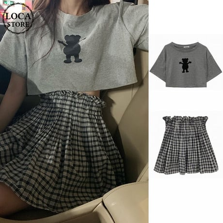 【セットアップ】 クロップド丈Tシャツ ＋ チェック柄 プリーツスカート 韓国ファッション レディース 2点セット 半袖 トップス ミニスカート ハイウエスト DTC-619171525060