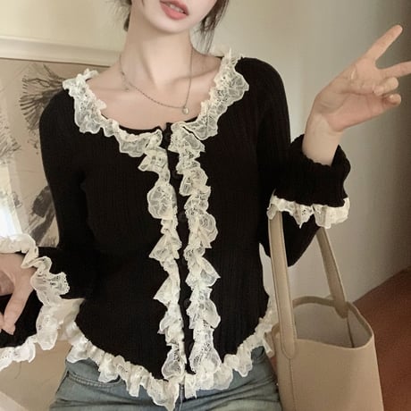 フリルカーディガン レースフリル スリムフィット カーディガン ニット トップス 長袖 レトロ 韓国ファッション レディース 大人可愛い ガーリー フェミニン DTC-743744510900