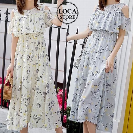 レディース レースレイヤー肩あき 花柄ワンピース フリル フェミニン ガーリー 韓国ファッション (DCT-569895814971)