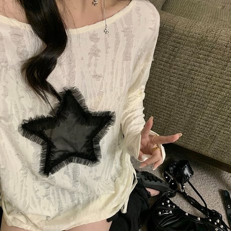 ロンT ダメージ加工 スター 星 ドローストリング ドロスト ダメージトップス プルオーバー tシャツ オーバーサイズ ルーズ 長袖 レトロ 大人可愛い ガーリー DTCA-837831882209