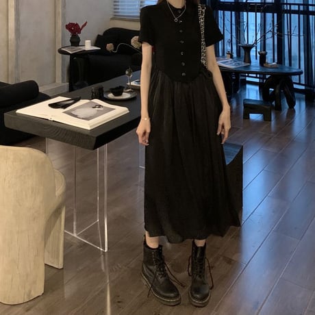 ポロカラー ワンピース ハイウエスト Aライン ロングワンピース 半袖 ウエスト切り替え ブラック レトロ 韓国ファッション レディース 大人可愛い ガーリー DTC-676378933474