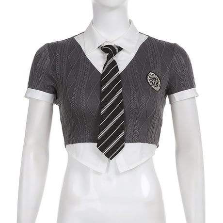 フェイクレイヤード トップス ネクタイ付き tシャツ ブラウス スリムフィット ショート丈 半袖 ドッキングトップス レトロ 大人可愛い ガーリー DTCA-701203919736