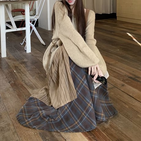 セットアップ 上下セット エスニック風 モヘアニット トップス ロングスカート 不規則デザイン チェック柄スカート ルーズ 長袖 レトロ 大人可愛い ガーリー DTC-841436440146