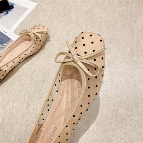 ドット柄 フラットパンプス メッシュ リボン フラットシューズ 22.5～25.5cm ローヒール パンプス 大人可愛い ガーリー 韓国ファッション レディース DTC-644142227857