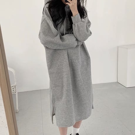 フード付き ワンピース スウェット パーカーワンピース 薄手 プルオーバー 体型カバー スリット ロングワンピース 長袖 ゆったり ルーズ レトロ カジュアル DTCA-687981503456