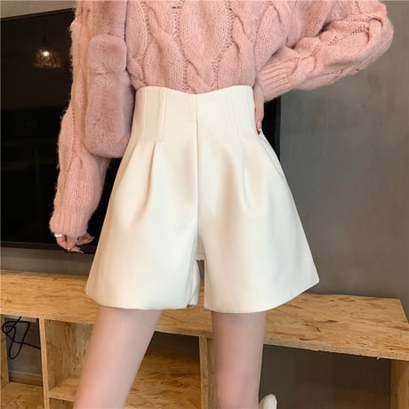 ショートパンツ ウール調 ハイウエスト ワイドパンツ ワイドレッグパンツ レトロ 韓国ファッション レディース 大人可愛い ガーリー カジュアル DTC-659111554810