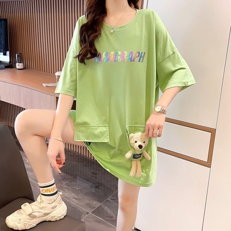 クマのぬいぐるみ付き Tシャツ ダブルポケット 幾何学 チュニック ゆったり 半袖 レトロ 韓国ファッション レディース 大人可愛い ガーリー カジュアル DTC-668699340794