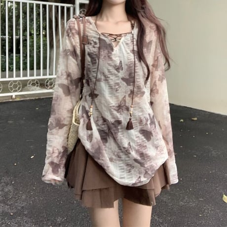 シアートップス バタフライ柄 シースルー オーバーサイズ tシャツ ルーズ 長袖 レトロ 韓国ファッション レディース 大人可愛い ガーリー DTC-803808832596