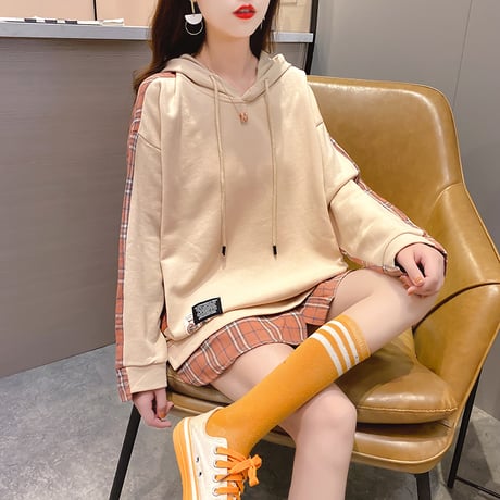 チェック柄 切り替えパーカー プルオーバー ドッキングトップス 長袖 韓国ファッション レディース パーカー 切り替え 大人可愛い ガーリー カジュアル DTC-636279794778