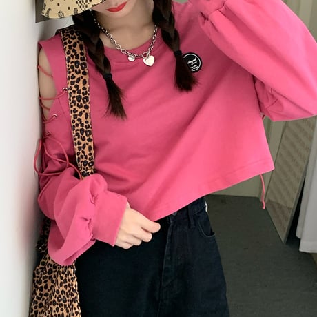 トップス トレーナー オープンショルダー レースアップ 韓国ファッション レディース カットソー 肩あき 長袖 ゆったり シンプル ルーズ 大人可愛い ガーリー DTC-626359658733