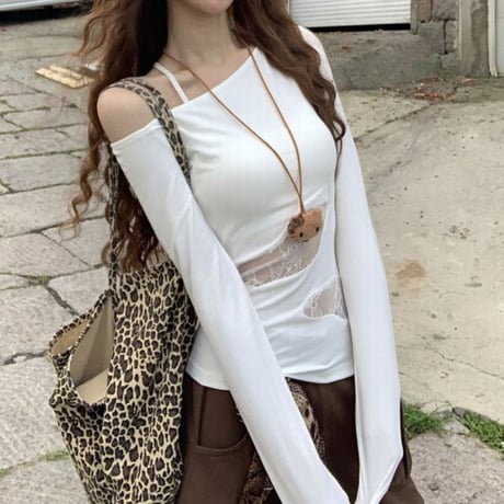 レース切替え オフショルダー ロンT スリムフィット トップス Tシャツ オフショル 長袖 レトロ 大人可愛い ガーリー DTCA-840082839514