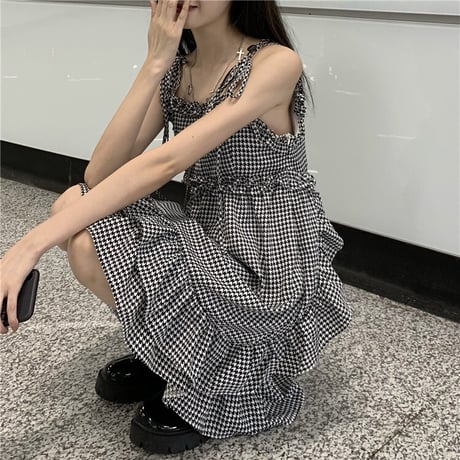 セットアップ ボレロ キャミワンピース 千鳥格子柄 チェック柄 ハイウエスト 2点セット 長袖 レトロ 韓国ファッション レディース 大人可愛い ガーリー DTC-644393055166
