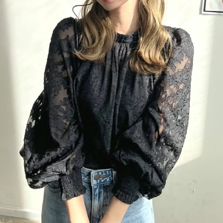 5カラー 花柄 ブラウス バルーンスリーブ トップス ハーフハイネック レース 薄手 ルーズ 長袖 レトロ 韓国ファッション レディース 大人可愛い ガーリー DTCA-773709983840