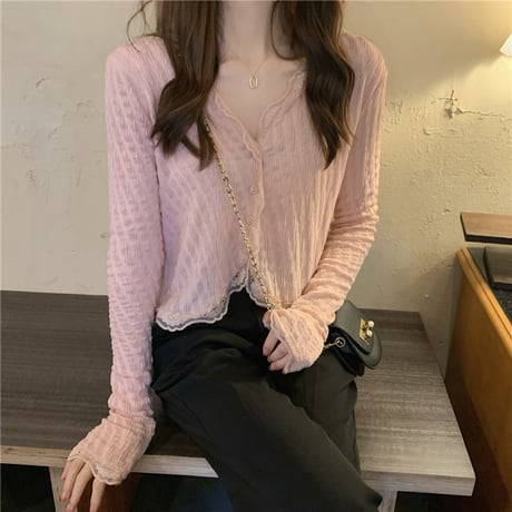 【2カラー】 ショート丈 シャツ カーディガン レース スリムフィット Vネック ブラウス 薄手 長袖 レトロ 韓国ファッション レディース 大人可愛い ガーリー DTCA-738502620844