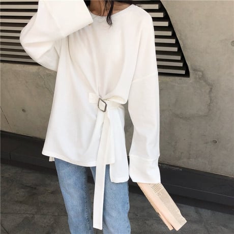 不規則デザイン Tシャツ 前後丈違い ウエスト絞り 裾スリット ラウンドネック 長袖 韓国ファッション レディース トップス 大人可愛い ガーリー DTC-652883756772