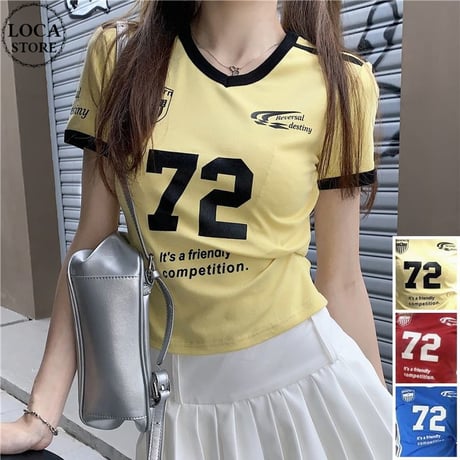 Tシャツ ユニフォーム風 サイドライン Vネック ショート丈 バイカラー トップス 半袖 レトロ 韓国ファッション レディース 大人可愛い ガーリー スポーツミックス DTC-802799667904