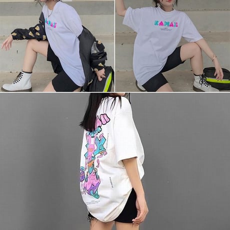 ユニセックス Tシャツ 半袖Tシャツ 半袖 ラビット プリント クルーネック オーバーサイズ 大きめ 韓国ファッション メンズ レディース カジュアル ストリート系 DTC-619532029329