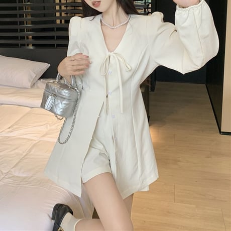 セットアップ 上下セット 変形ロングシャツ ショートパンツ リボンタイ 長袖 ハイウエスト レトロ 韓国ファッション レディース 大人可愛い ガーリー DTC-710081649670