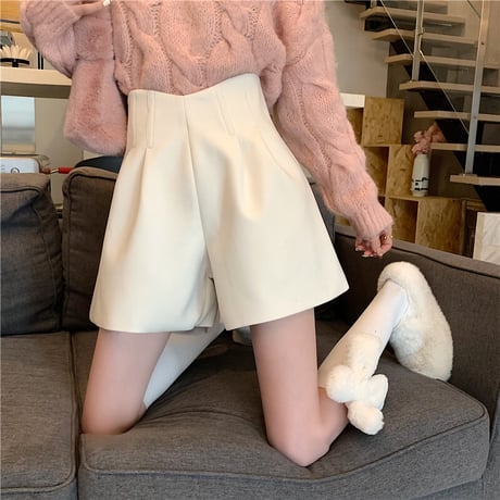 ショートパンツ ウール調 ハイウエスト ワイドパンツ ワイドレッグパンツ レトロ 韓国ファッション レディース 大人可愛い ガーリー カジュアル DTC-659111554810