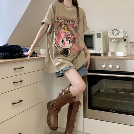 Tシャツ 半袖 漫画風プリント クルーネック オーバーサイズ トップス ルーズ ゆったり カジュアル 韓国ファッション レディース DTC-714109078106