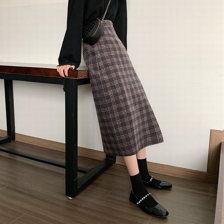 チェック柄 コーデュロイスカート ハイウエスト 韓国ファッション レディース ロングスカート タイトスカート 大人可愛い ガーリー DTC-628449073016