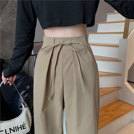 ワイドパンツ ワイドレッグパンツ ウエスト紐 ロング ゆったり ハイウエスト ウエストゴム レトロ 韓国ファッション レディース 大人可愛い ガーリー カジュアル DTC-652781317618