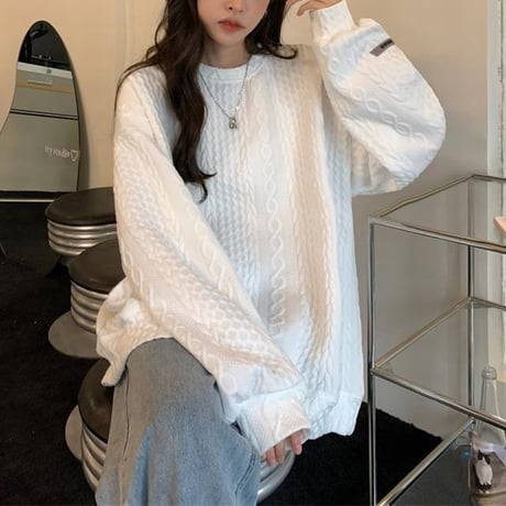 トレーナー トップス ケーブル模様 長袖 クルーネック オーバーサイズ ゆったり 大きめ レトロ 韓国ファッション レディース カジュアル ストリート系 DTC-658176929077