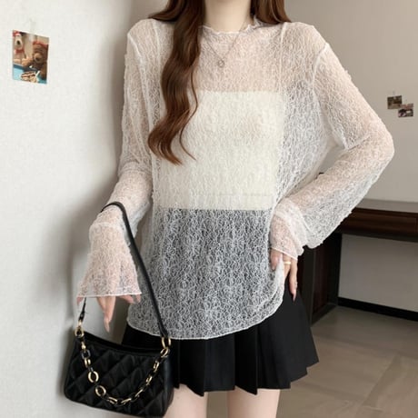 シアートップス レース tシャツ トップス クルーネック UVカット シアーtシャツ ゆったり ルーズ 長袖 レトロ 大人可愛い ガーリー トレンド DTCA-907055529072