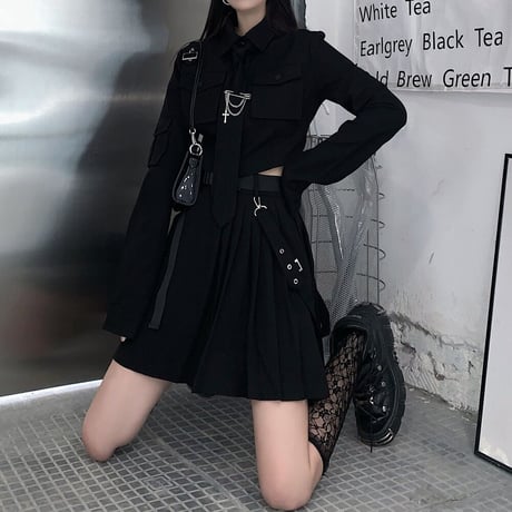セットアップ ミリタリー風 ショートシャツ プリーツ ミニスカート ネクタイ ベルト 長袖 ハイウエスト レトロ 韓国ファッション レディース ゴシック モード系 DTC-651778269970