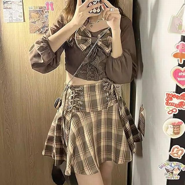 セットアップ チェック柄 大きなリボン ブラウス プリーツスカート