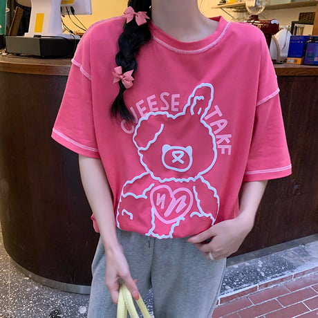 Tシャツ 半袖 クマちゃん ベアー ラウンドネック オーバーサイズ 韓国ファッション レディース 大きめ カジュアル ストリートファッション DTC-643069916522