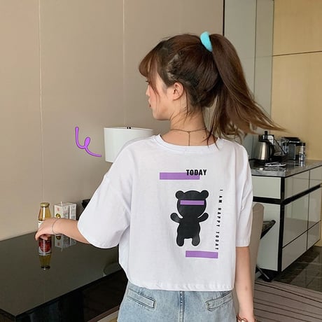 クマちゃん Tシャツ 半袖 ショート丈 韓国ファッション レディース ベアー ホワイト パープル シンプル カットソー ラウンドネック かわいい カジュアル ガーリー 619320885563
