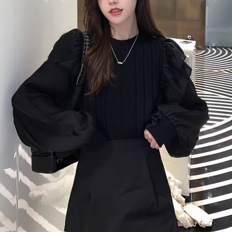 ニットソー ラッフル シースルースリーブ ドッキング 切り替え ニット トップス 透け感 長袖 薄手 レトロ 韓国ファッション レディース 大人可愛い ガーリー DTC-655645457250