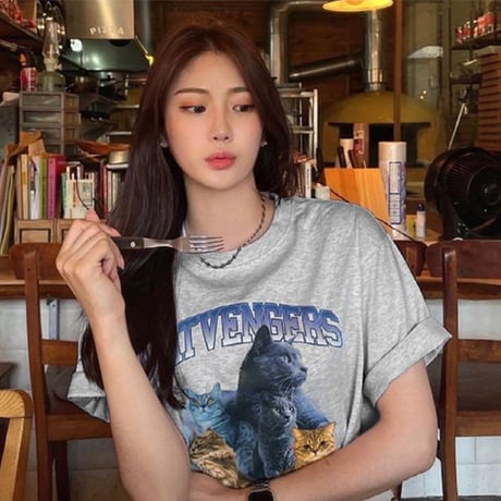 ユニセックス Tシャツ 半袖 CAT 猫 クルーネック オーバーサイズ ゆったり 大きめ 韓国ファッション メンズ レディース カジュアル ストリート系 DTC-666217024634
