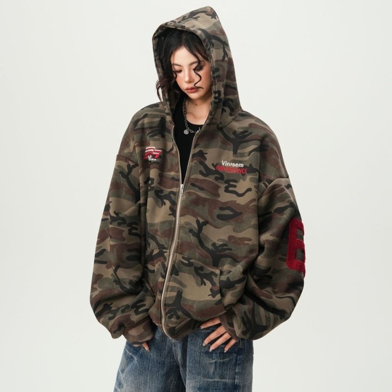 aeae迷彩柄　フード付きパーカー　ジップアップパーカー　カモフラパーカー 迷彩柄 ジップアップ パーカー トップス カモフラ柄 フード付き
