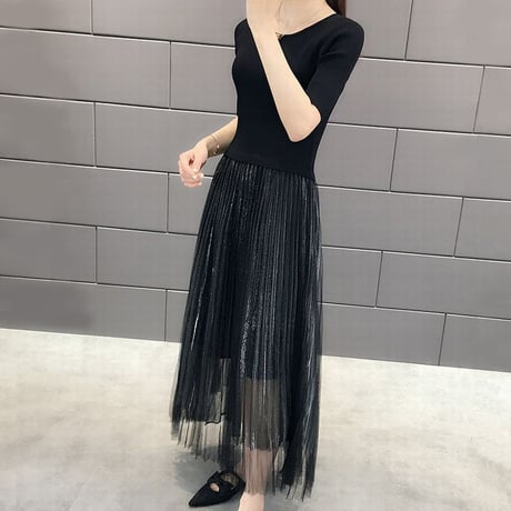 レディース ラウンドネック プリーツドッキングワンピース プリーツスカート ワンピース フェミニン 韓国ファッション (DCT-591465201552)