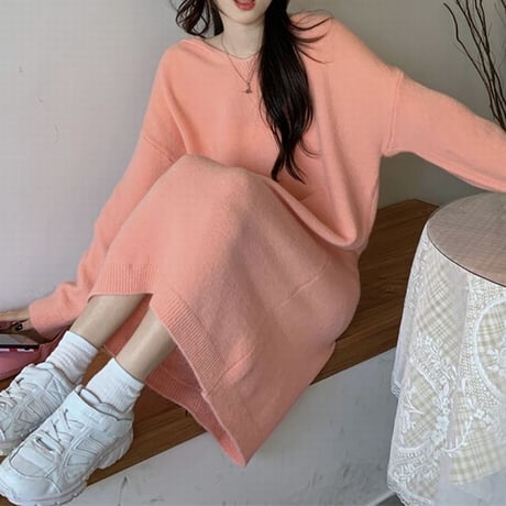 フード付き ニットワンピース ロングワンピース ルーズ ゆったり ルーズウエスト 長袖 レトロ 韓国ファッション レディース 大人可愛い ガーリー DTC-682629628231