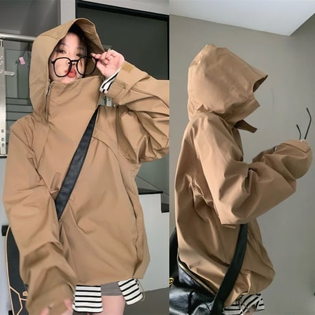 フード付き トレンチ ジャケット スタンドカラー ジップアップ ドローコード ルーズ 長袖 レトロ 韓国ファッション レディース 大人可愛い ガーリー カジュアル DTC-684850974613