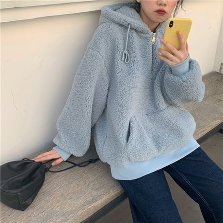 ボアパーカー ハーフジップ プルオーバー 韓国ファッション レディース ゆったり フード 体型カバー シンプル ホワイト ブルー 秋 冬 カジュアル 韓国 (DTC-605864650949)