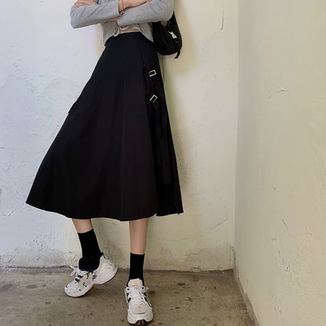 アシンメトリー スカート スプリットスカート 韓国ファッション レディース ロングスカート Aライン バックル ハイウエスト シンプル ガーリー DTC-622923112915