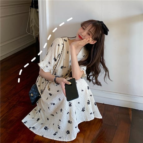 花柄 ワンピース 襟付き 半袖 韓国ファッション レディース 膝丈 Aライン ローズプリント ガーリー DTC-618161046522