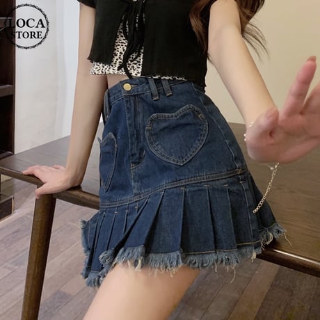 ハート型ポケット デニムプリーツスカート プリーツ ショート丈 ミニデニムスカート ハイウエスト 韓国ファッション レディース Aライン 大人可愛い ガーリー DTC-648924280908